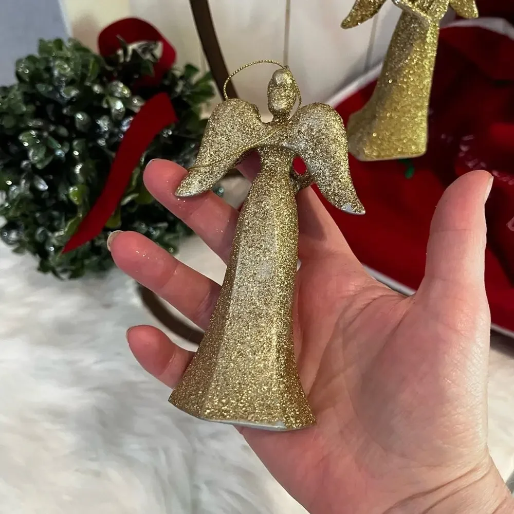 NEW Pottery Barn Angels Winged Sparkling Glitter Holiday Ornaments Set Gold NWOT